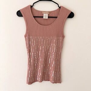 Luca Luca Silk Sequin‎ Ribbed Tank Top Size S Pink Y2K Coquette Party Glam